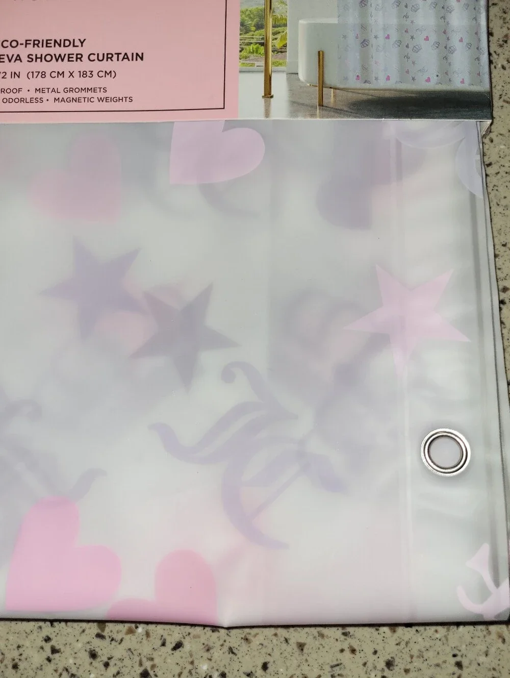 Juicy Couture PEVA Shower Curtain Pastel Hearts JC Monogram Crowns Stars 70x72